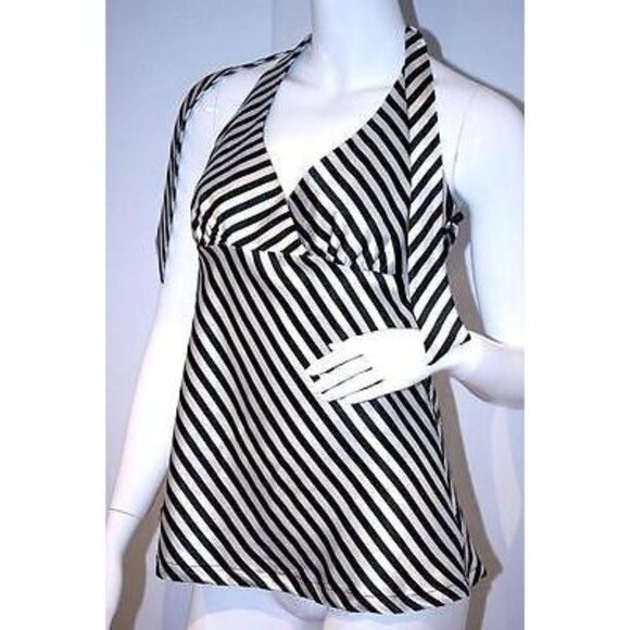 H&M Black White STRIPE Sateen HALTER Tie TOP Shirt V-Neck FRONT US 8 / 38 - Picture 1 of 1